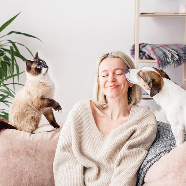 A dog and cat with their human